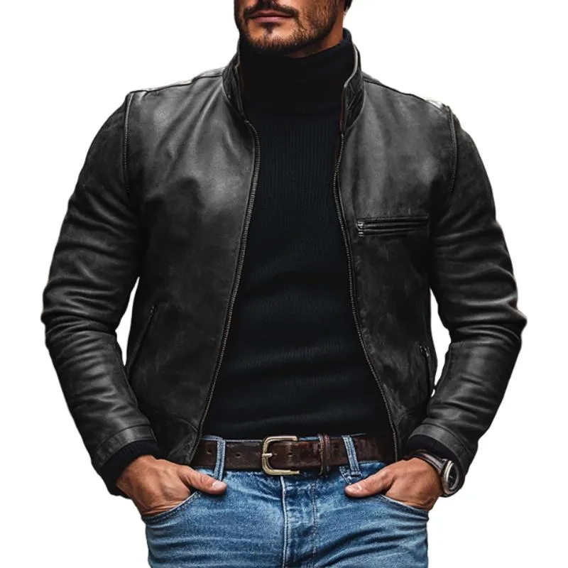 Men's Vintage Leather Stand Collar Zipper Loose Jacket 18833680M sold by Manly