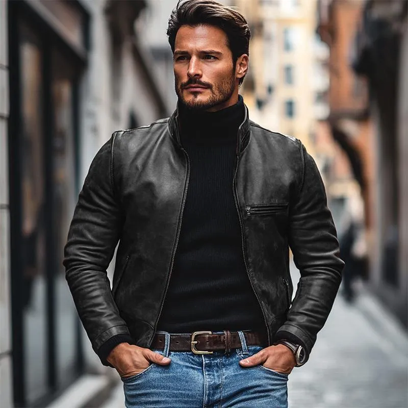 Men's Vintage Leather Stand Collar Zipper Loose Jacket 18833680M sold by Manly product image thumbnail 3