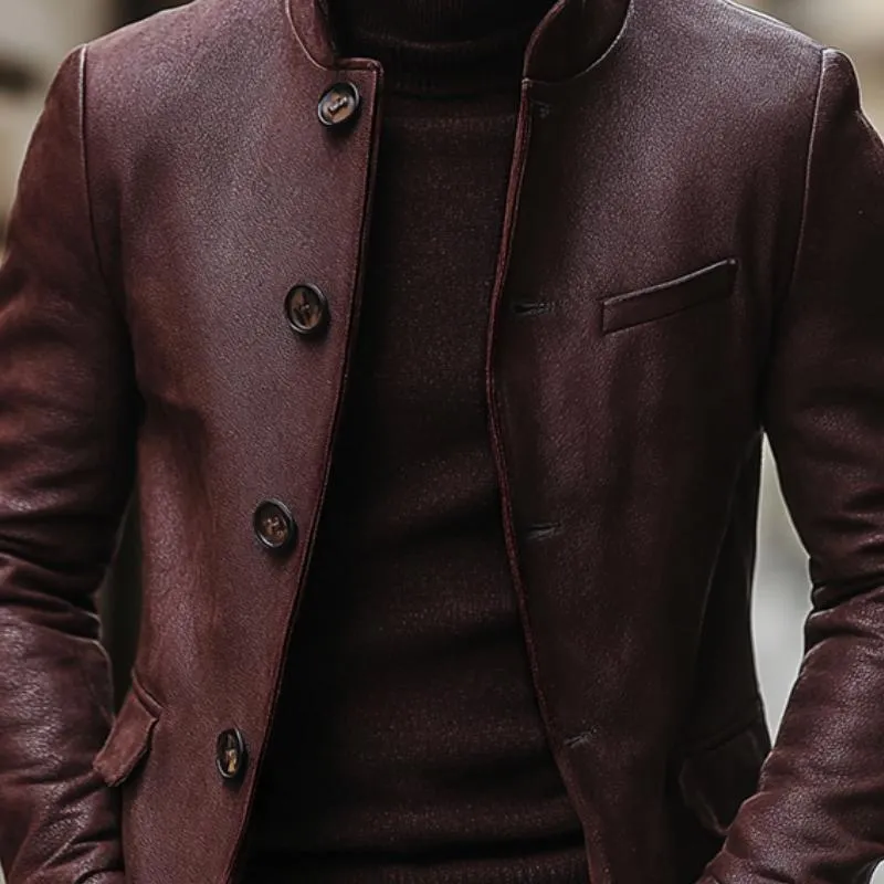 Men's Vintage Leather Stand Collar Single Breasted Slim Fit Blazer 91668262M sold by Manly product image thumbnail 3