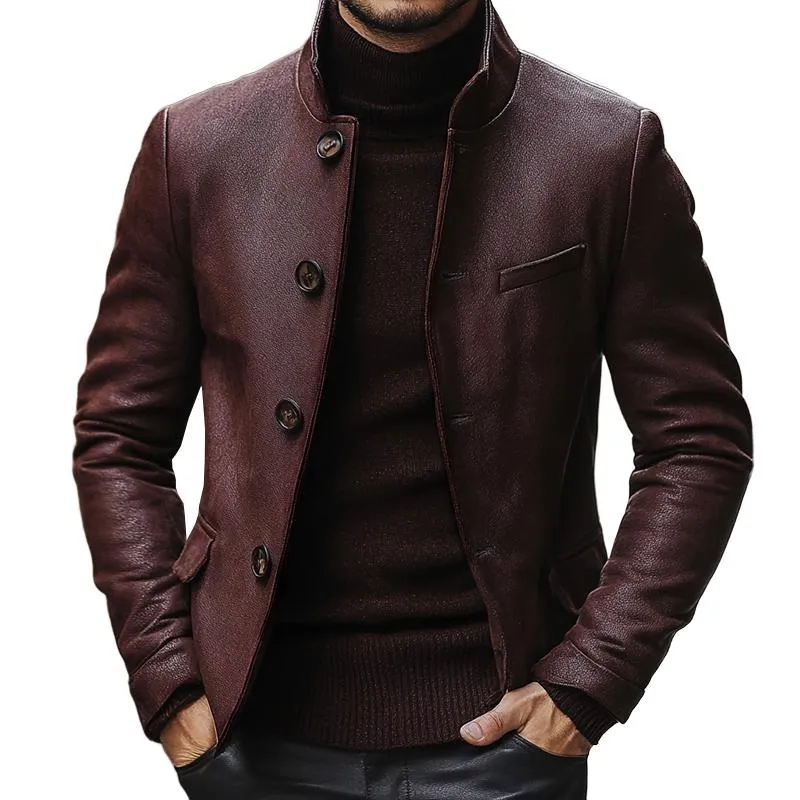 Men's Vintage Leather Stand Collar Single Breasted Slim Fit Blazer 91668262M sold by Manly