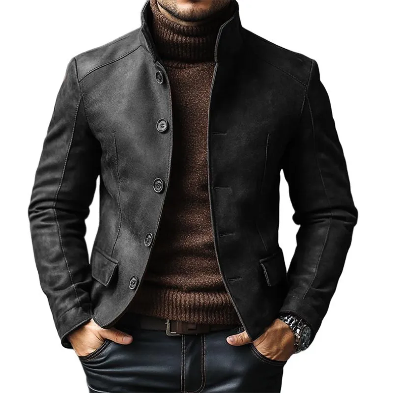 Men's Vintage Leather Stand Collar Single Breasted Slim Fit Blazer 29712838M sold by Manly