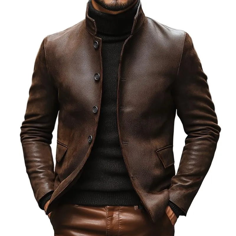 Men's Vintage Leather Stand Collar Single Breasted Slim Fit Blazer 35542848M sold by Manly