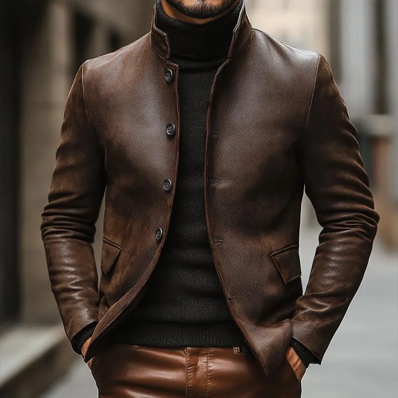 Men's Vintage Leather Stand Collar Single Breasted Slim Fit Blazer 35542848M sold by Manly product image thumbnail 2