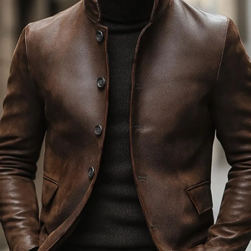 Men's Vintage Leather Stand Collar Single Breasted Slim Fit Blazer 35542848M sold by Manly product image thumbnail 3