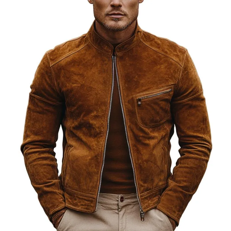 Men's Classic Slim Stand Collar Zip Suede Jacket 96774951F sold by Manly