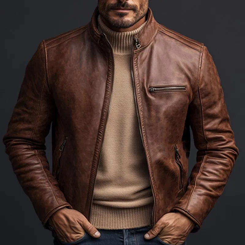 Men's Vintage Brown Zipper Leather Jacket 09072273U sold by Manly product image thumbnail 4