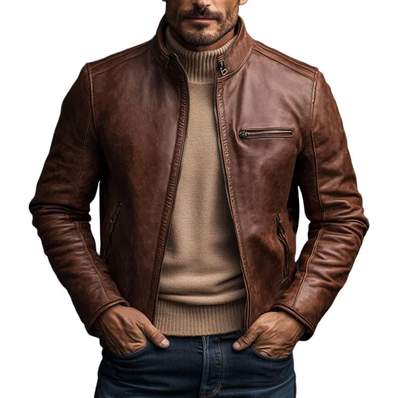 Men's Vintage Brown Zipper Leather Jacket 09072273U sold by Manly