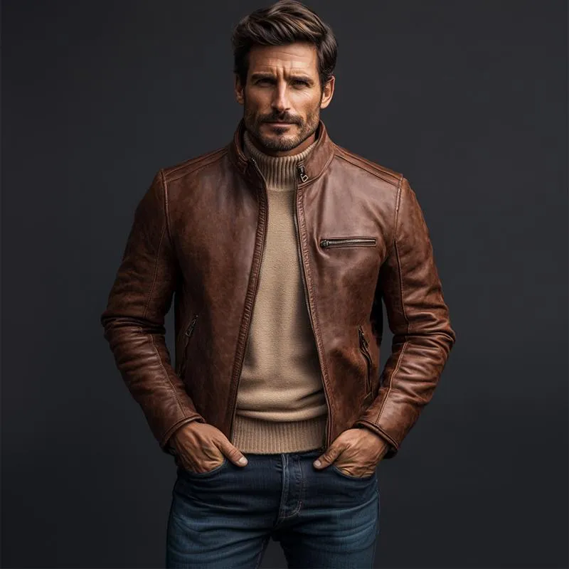 Men's Vintage Brown Zipper Leather Jacket 09072273U sold by Manly product image thumbnail 3