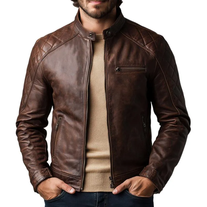 Men's Vintage Brown Zipper Leather Jacket 35440255U sold by Manly