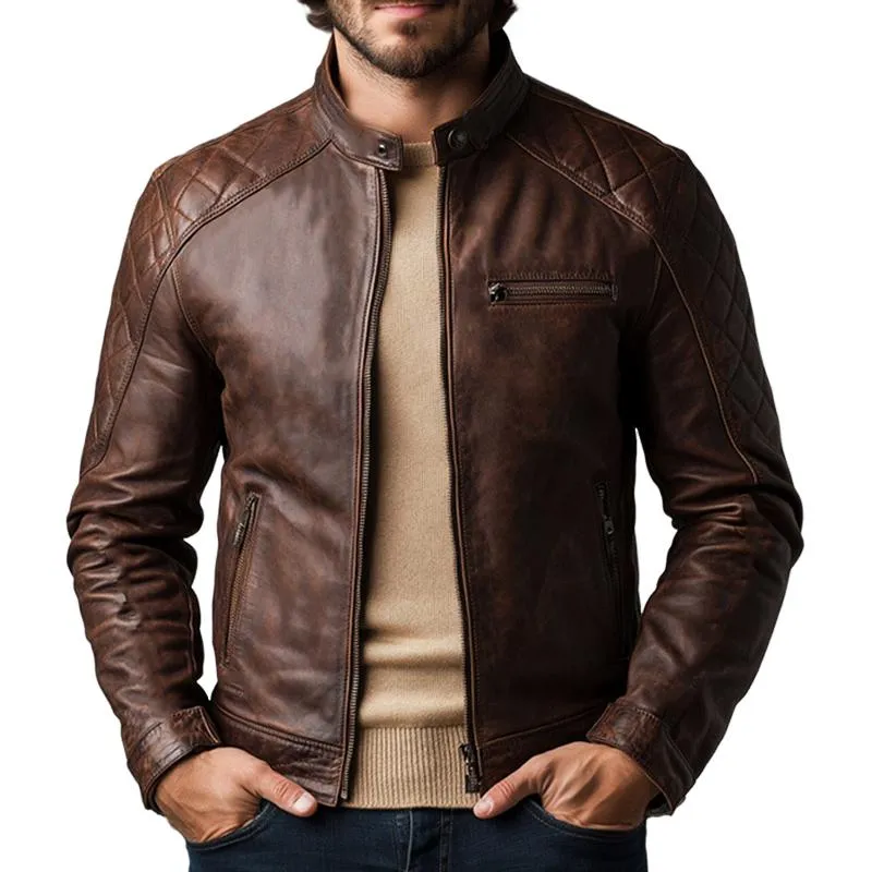 Men's Vintage Brown Zipper Leather Jacket 35440255U sold by Manly