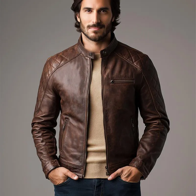 Men's Vintage Brown Zipper Leather Jacket 35440255U sold by Manly product image thumbnail 3