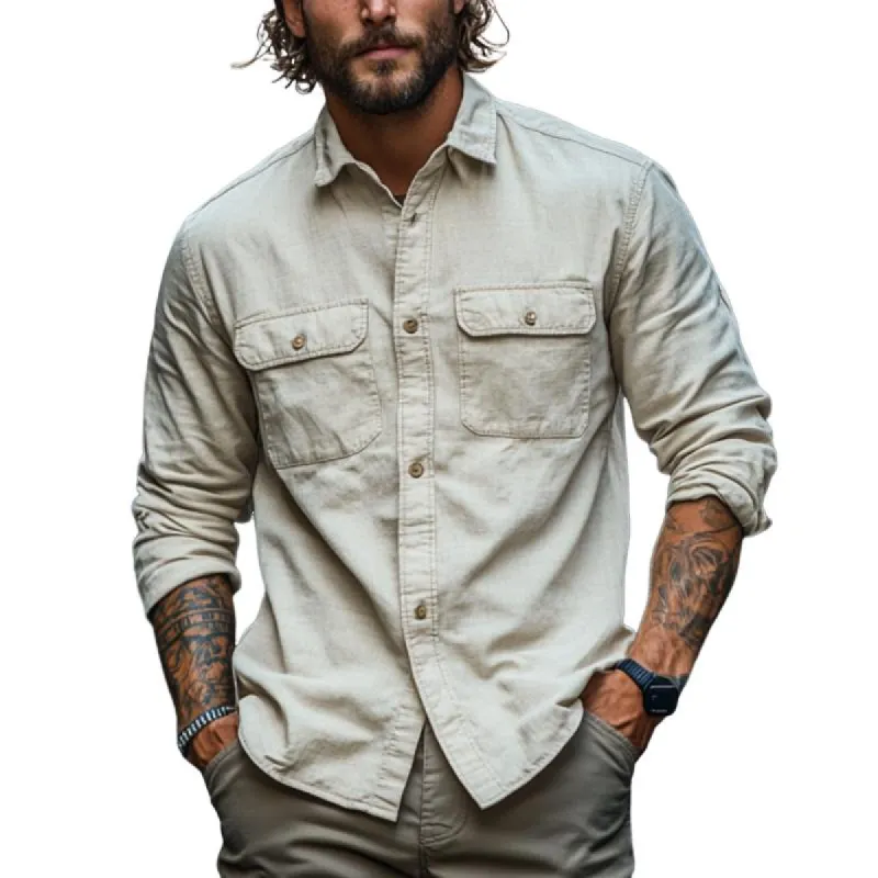 Men's Classic Casual Multi-Pocket Cotton and Linen Long Sleeve Shirt 33871318K sold by Manly