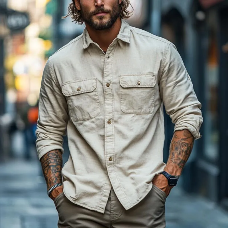 Men's Classic Casual Multi-Pocket Cotton and Linen Long Sleeve Shirt 33871318K sold by Manly product image thumbnail 2