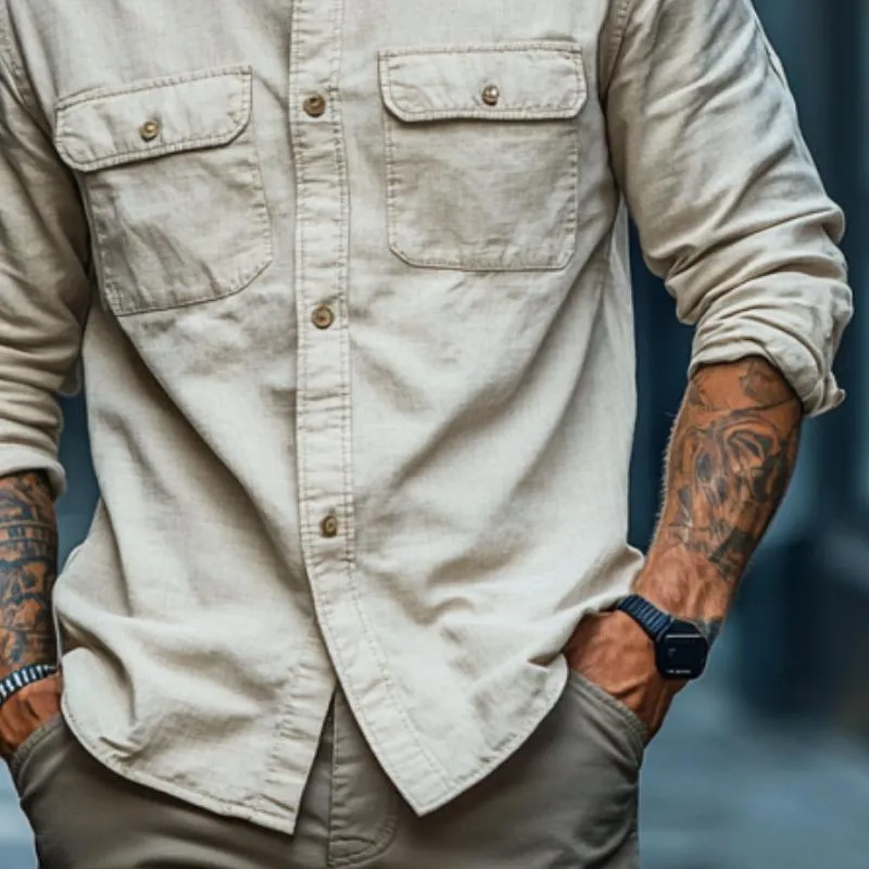 Men's Classic Casual Multi-Pocket Cotton and Linen Long Sleeve Shirt 33871318K sold by Manly product image thumbnail 4