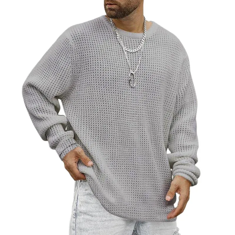 Men's Casual Solid Color Waffle Pullover Long Sleeve Sweatshirt 80804944TO sold by Manly