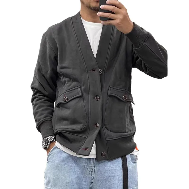Men's Casual Fleece V-neck Single-breasted Large Pocket Loose Jacket 93792830M sold by Manly