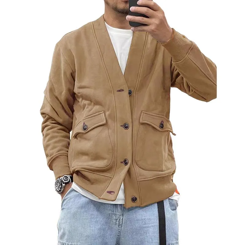 Men's Casual Fleece V-neck Single-breasted Large Pocket Loose Jacket 93792830M sold by Manly product image thumbnail 5