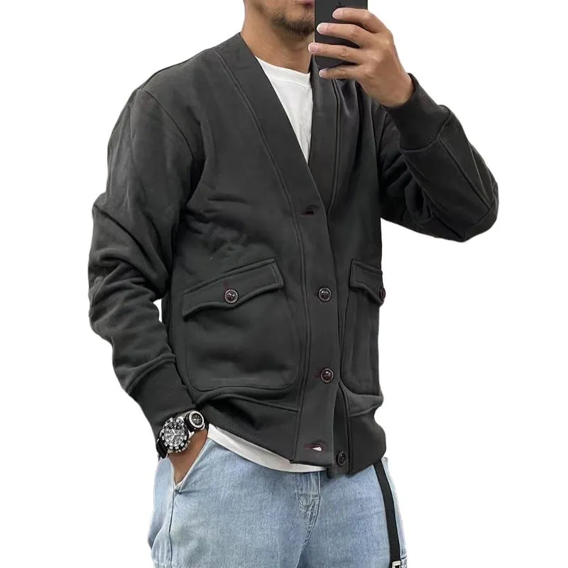 Men's Casual Fleece V-neck Single-breasted Large Pocket Loose Jacket 93792830M sold by Manly product image thumbnail 2