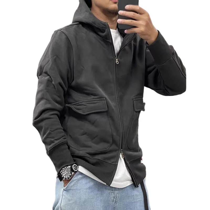 Men's Casual Solid Color Fleece Large Pocket Zipper Loose Hoodie Jacket 62501595M sold by Manly