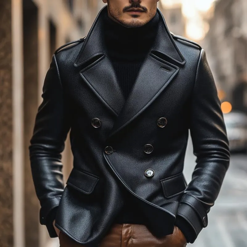 Men's Vintage Notch Lapel Double Breasted Slim Fit Leather Blazer 02979218M sold by Manly product image thumbnail 2