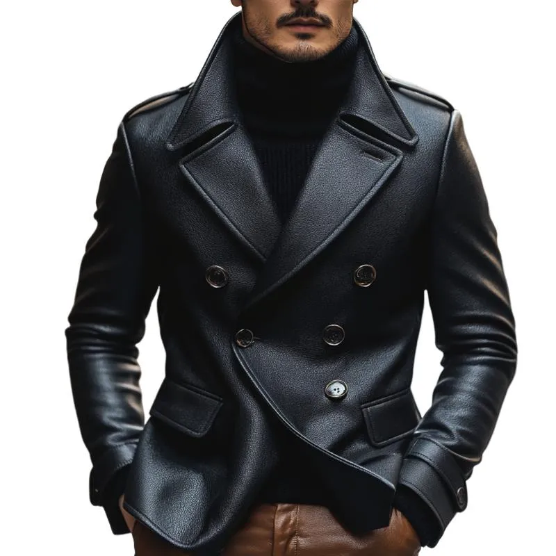 Men's Vintage Notch Lapel Double Breasted Slim Fit Leather Blazer 02979218M sold by Manly