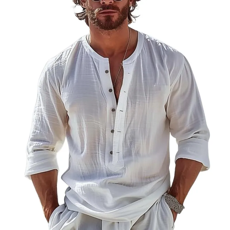 Men's Solid Color Round Neck Long Sleeve Casual Shirt 24355841Z sold by Manly