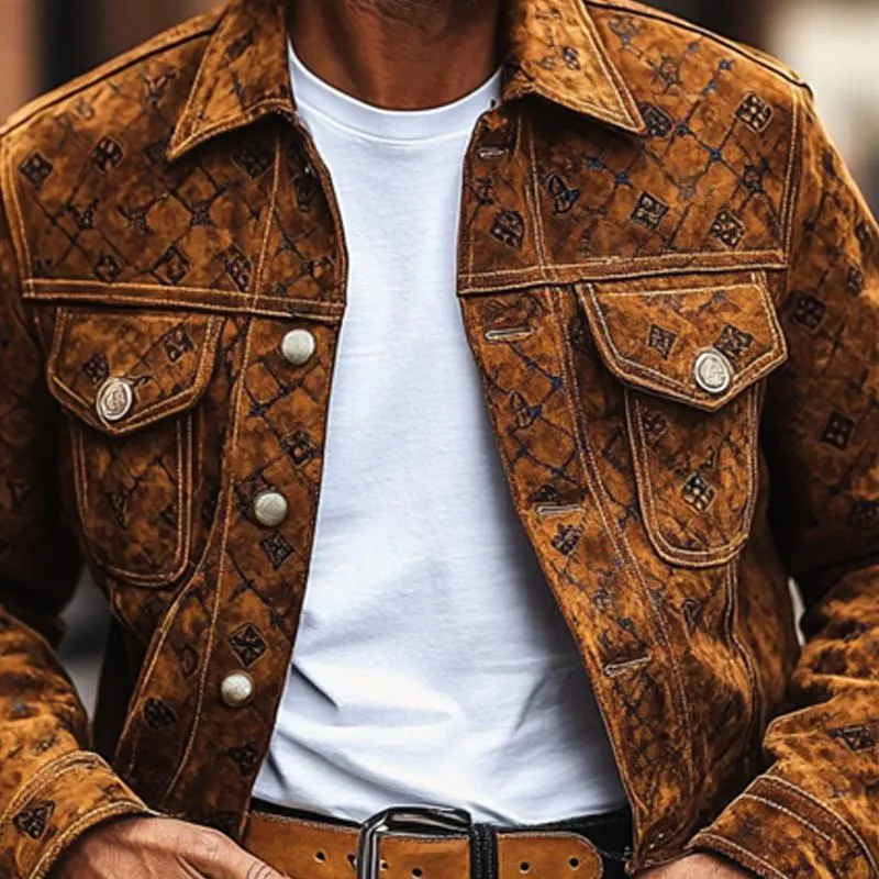 Men's Fashion Vintage Print Suede Lapel Single Breasted Casual Jacket 55172409Z sold by Manly product image thumbnail 4