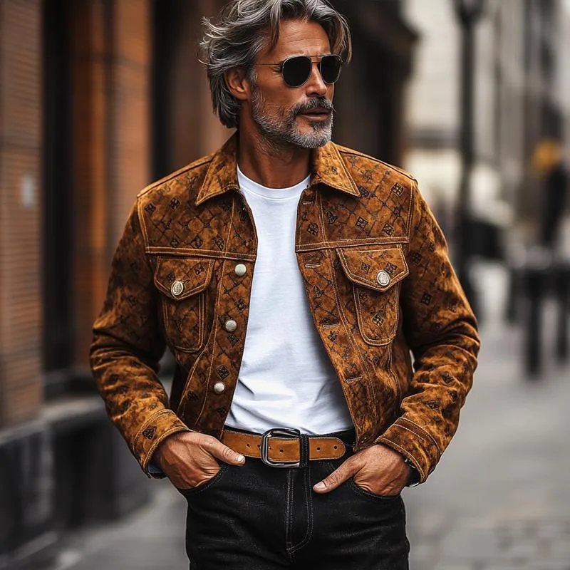 Men's Fashion Vintage Print Suede Lapel Single Breasted Casual Jacket 55172409Z sold by Manly product image thumbnail 3