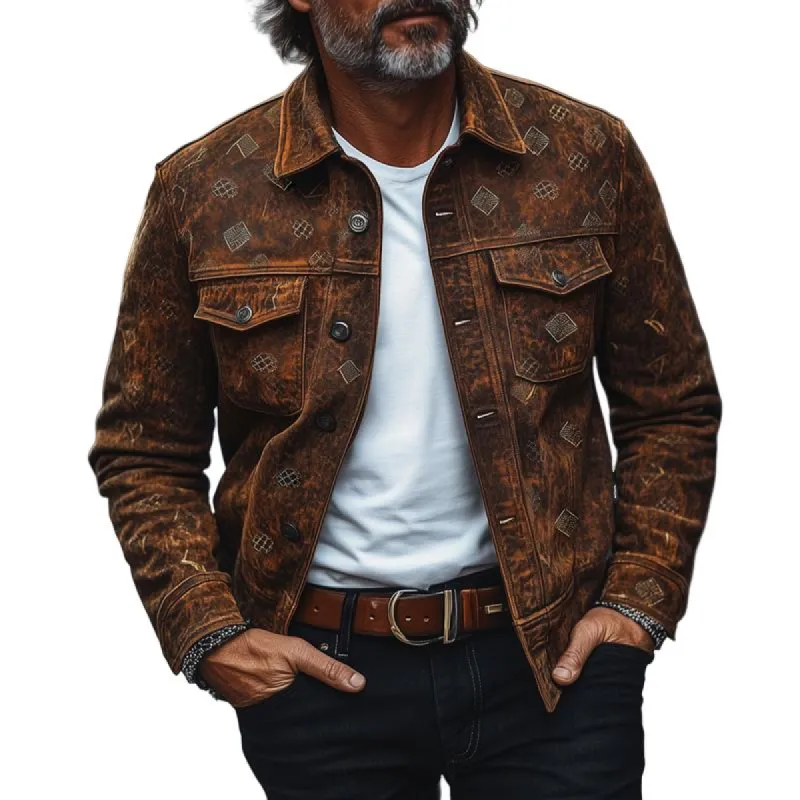 Men's Fashion Vintage Print Suede Lapel Single Breasted Casual Jacket 10650047Z sold by Manly