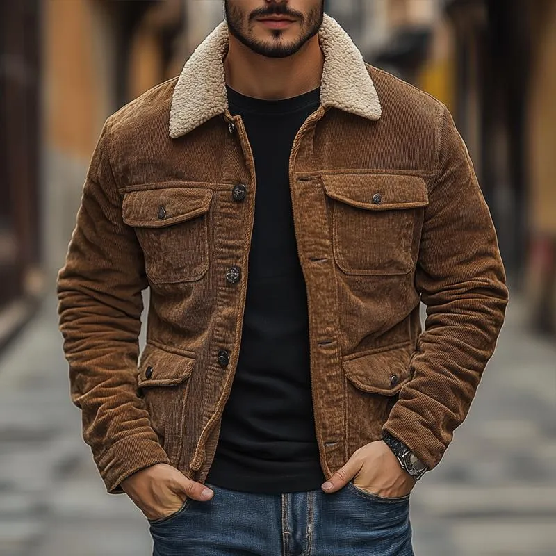 Men's Fleece Lapel Corduroy Multi-pocket Single Breasted Cargo Jacket 43143854Z sold by Manly product image thumbnail 2