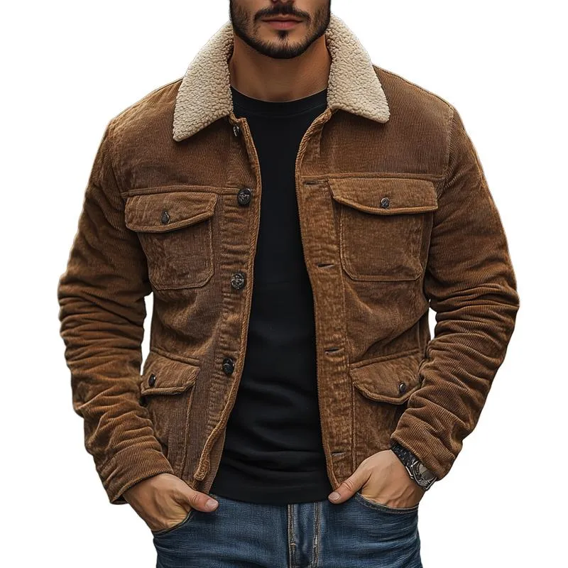Men's Fleece Lapel Corduroy Multi-pocket Single Breasted Cargo Jacket 43143854Z sold by Manly