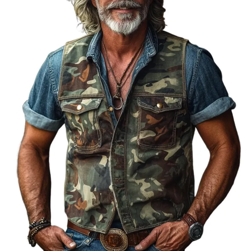 Men's Retro Camouflage V Neck Chest Pocket Sleeveless Vest 41816634Z sold by Manly