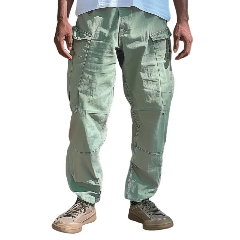 Men's Solid Cotton Multi-pocket Straight Loose Cargo Pants 19677235Z sold by Manly