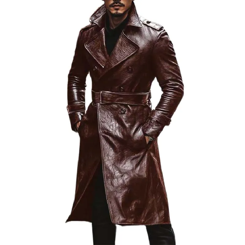 Men's Retro Classic Handsome Knee-Length Leather Trench Coat 92562082K sold by Manly