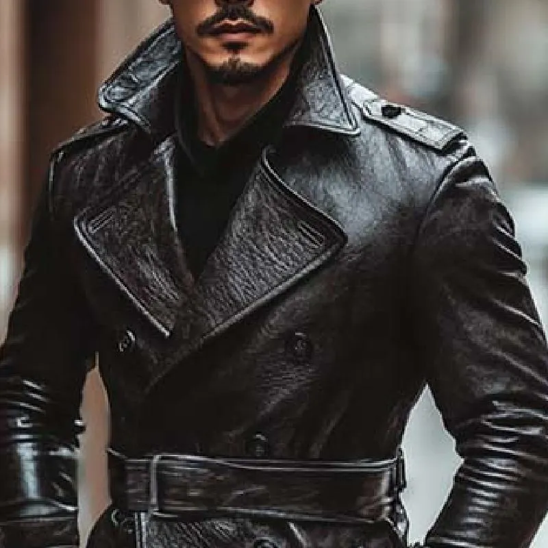 Men's Retro Classic Handsome Knee-Length Leather Trench Coat 92562082K sold by Manly product image thumbnail 4