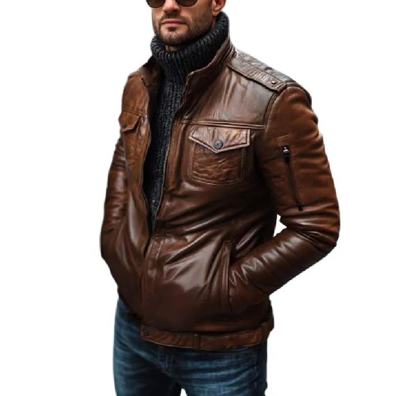 Men's Vintage Classic Gentleman Multi-Pocket Stand Collar Leather Jacket 13977515K sold by Manly