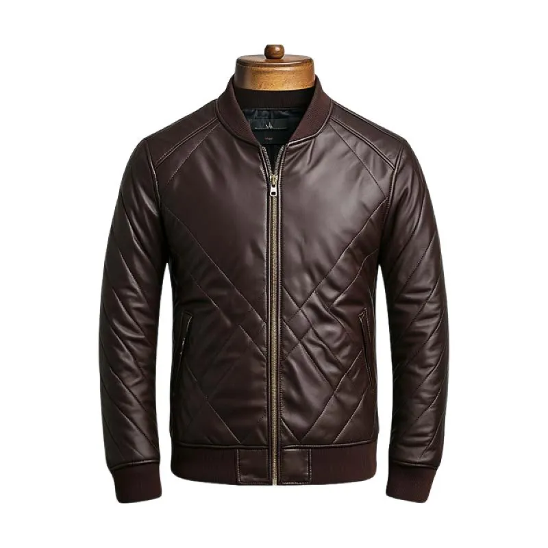 Men's Classic Casual Padded Warm Stand Collar Leather Jacket 03654608K sold by Manly