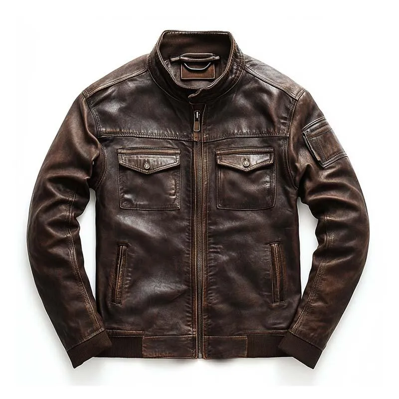 Men's Classic Casual Multi-Pocket Stand Collar Leather Jacket 35294700K sold by Manly