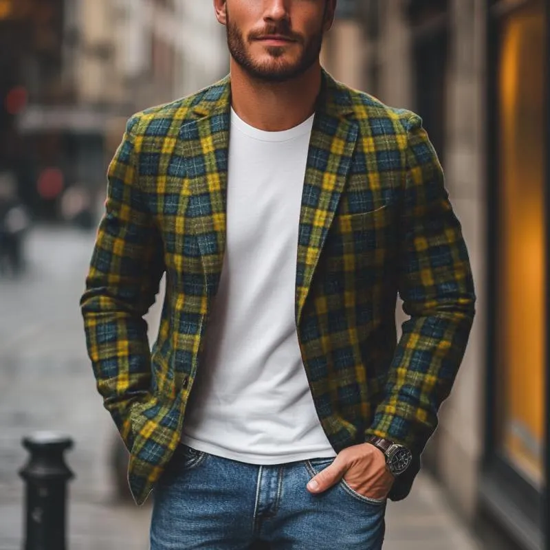Men's Casual Notch Lapel Contrast Color Plaid Single-breasted Blazer 94875833M sold by Manly product image thumbnail 2
