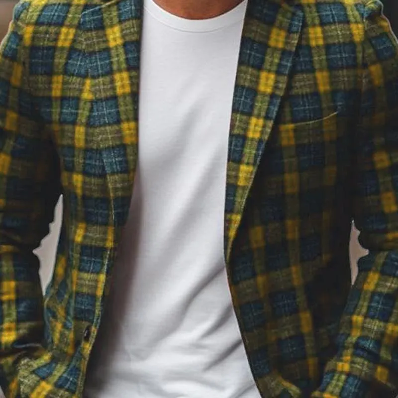 Men's Casual Notch Lapel Contrast Color Plaid Single-breasted Blazer 94875833M sold by Manly product image thumbnail 3