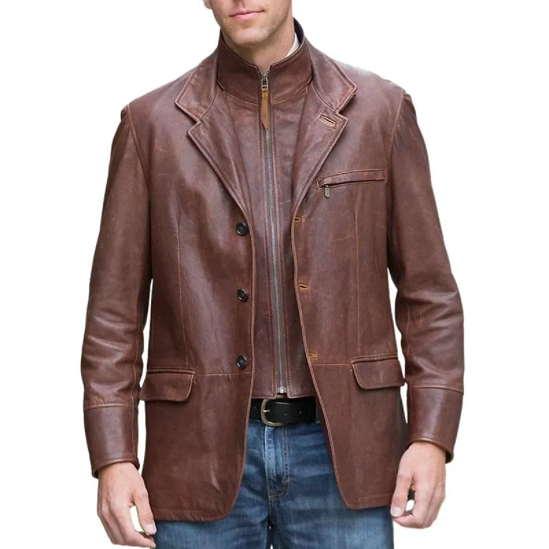 Men's Classic Lapel Fake Two-Piece Leather Jacket 40032912F sold by Manly