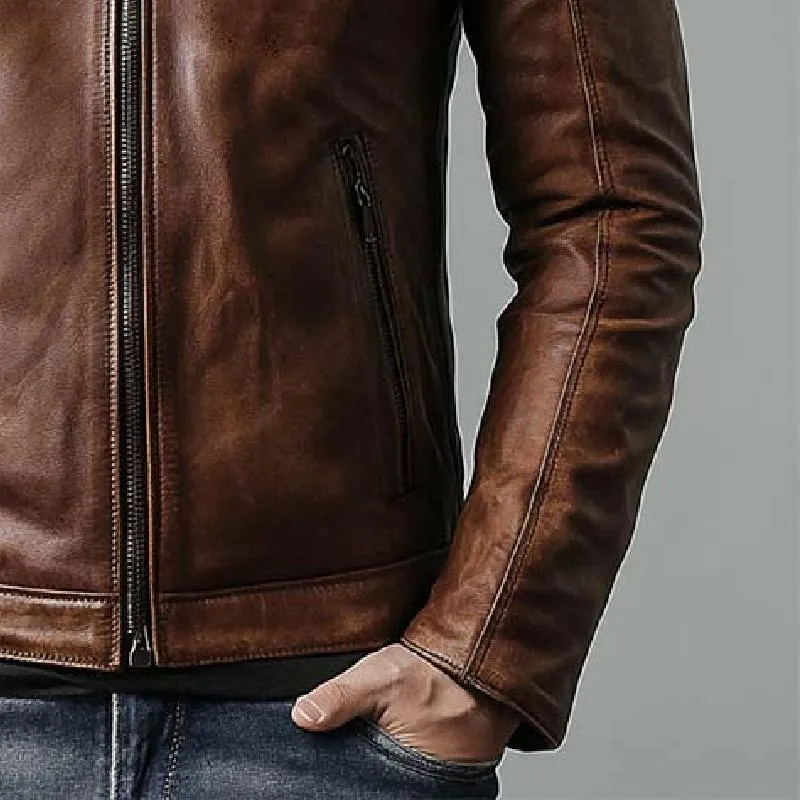 Men's Classic Vintage Slim Stand Collar Leather Jacket 39737727K sold by Manly product image thumbnail 4
