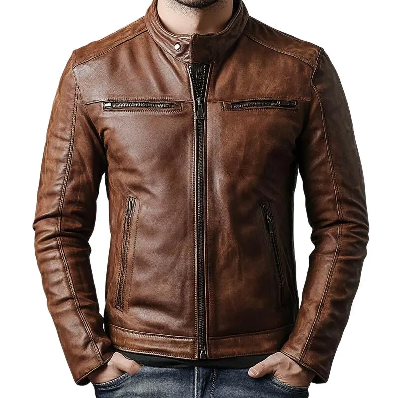 Men's Classic Vintage Slim Stand Collar Leather Jacket 39737727K sold by Manly