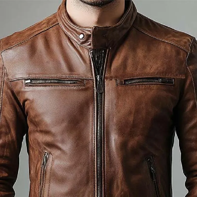 Men's Classic Vintage Slim Stand Collar Leather Jacket 39737727K sold by Manly product image thumbnail 3