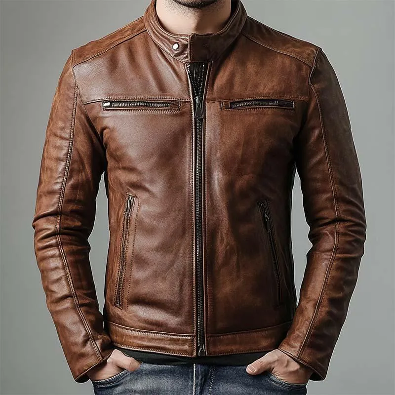 Men's Classic Vintage Slim Stand Collar Leather Jacket 39737727K sold by Manly product image thumbnail 2