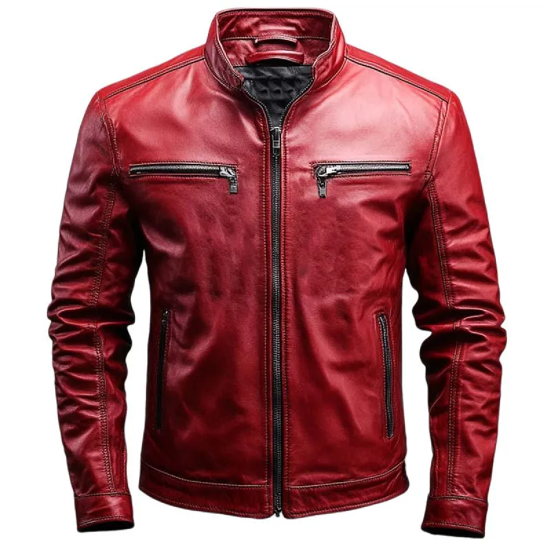 Men's Classic Vintage Slim Stand Collar Leather Jacket 03607885K sold by Manly
