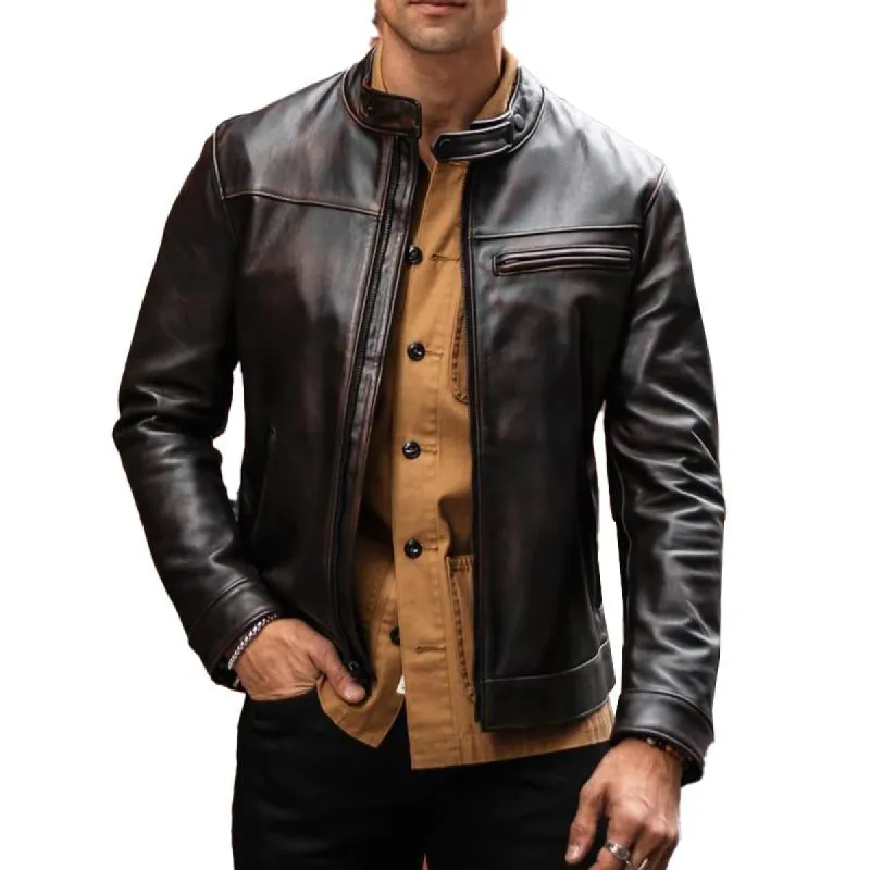 Men's Biker Collar Zip-Up Leather Jacket 51117754X sold by Manly
