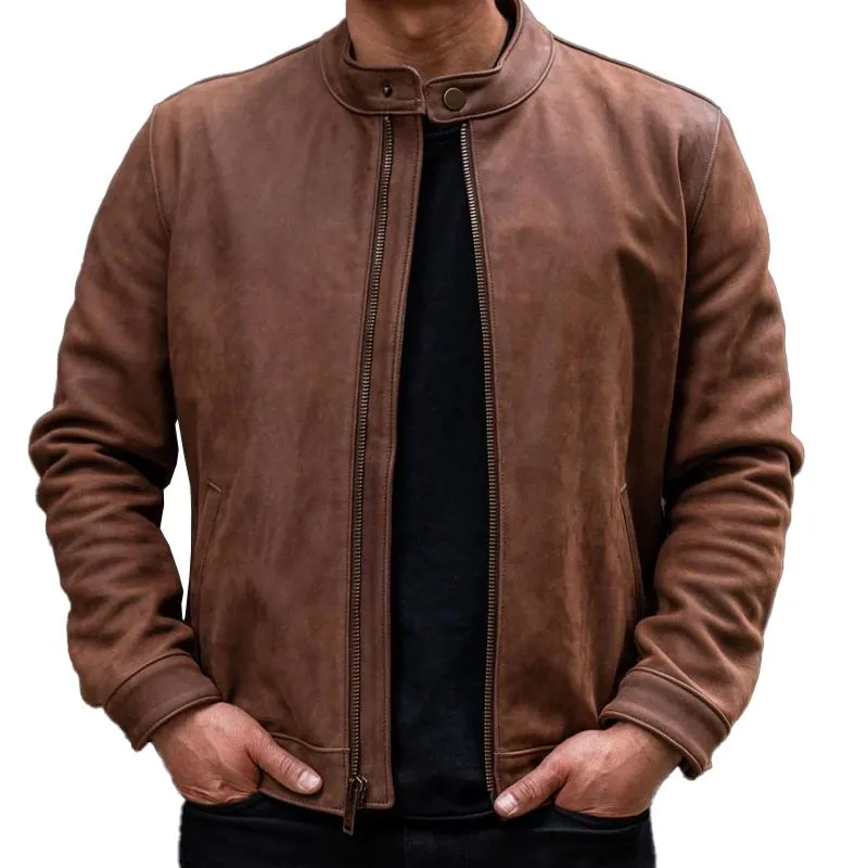 Men's Solid Collar Zipper Leather Jacket 67220166X sold by Manly