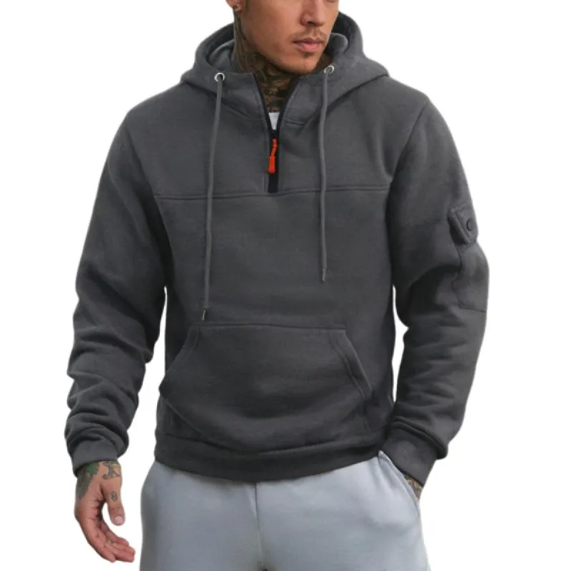 Men's Casual Solid Color Multi-Pocket Half-Zip Hooded Long Sleeve Sweatshirt 12108131Y sold by Manly