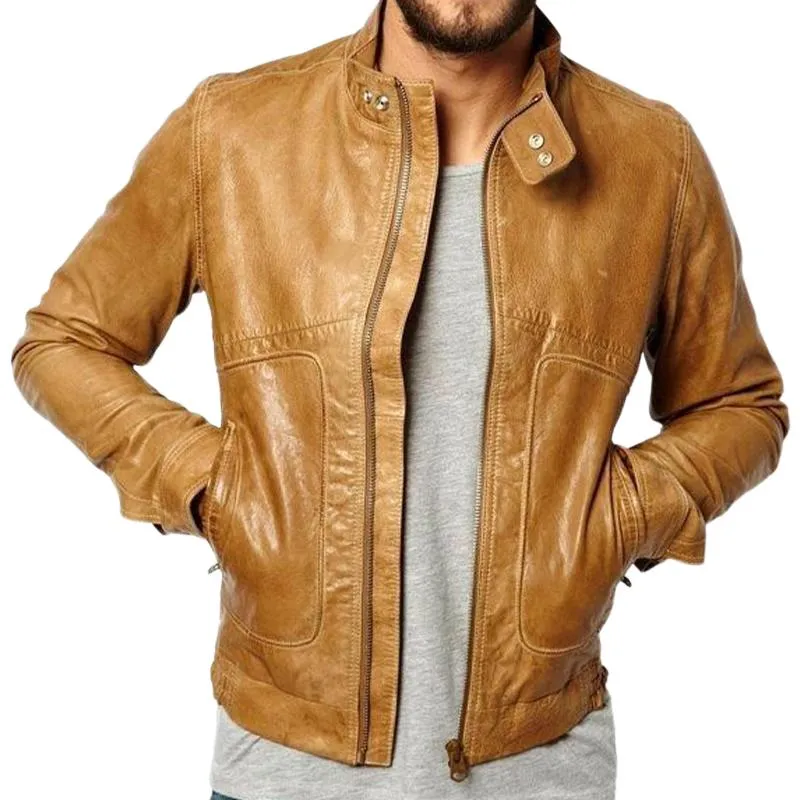 Men's Stand Collar Zipper Leather Jacket 24228788U sold by Manly
